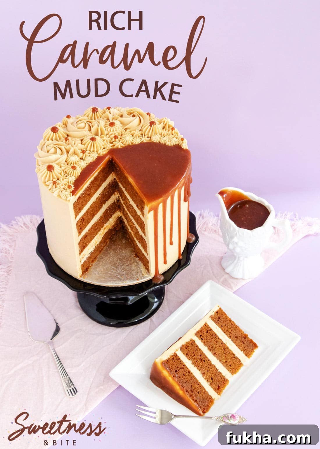 Decadent Caramel Mud Cake Recipe with Gluten Free Option 2 Caramel mud cake on a black cake stand, a slice of cake on a white plate, and a small jug of caramel sauce.