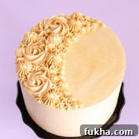 Decadent Caramel Mud Cake Recipe with Gluten Free Option 11 Caramel Swiss meringue buttercream piped on cake.