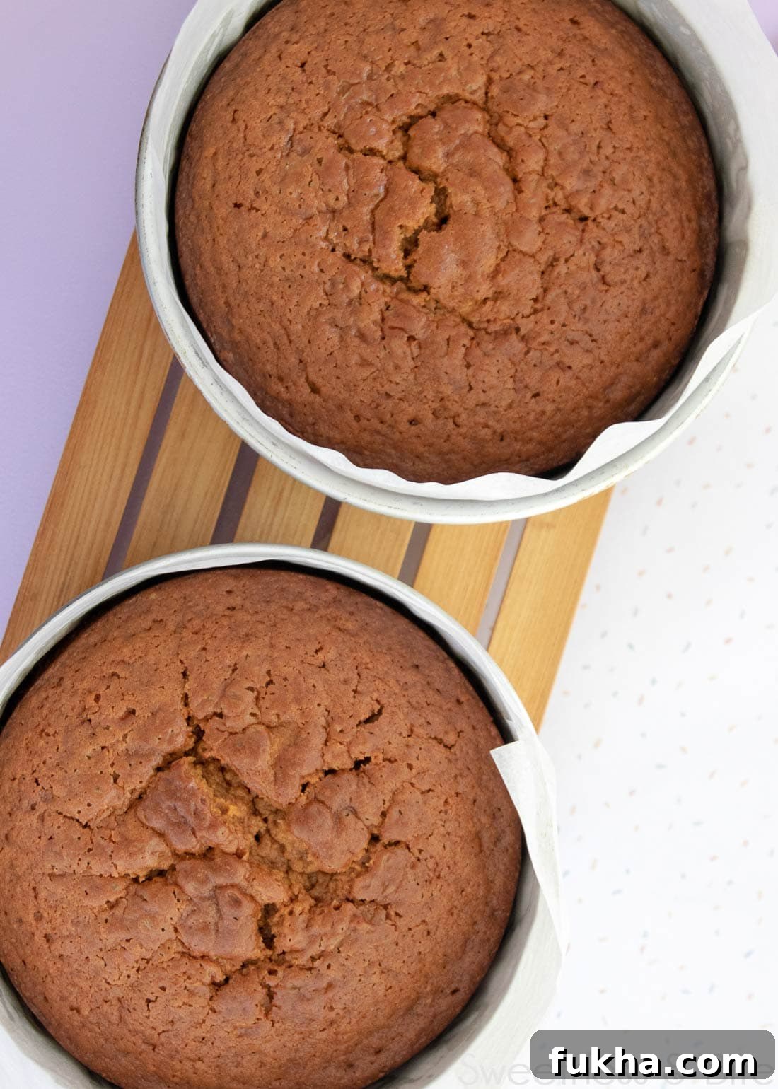 Decadent Caramel Mud Cake Recipe with Gluten Free Option 7 Two cakes in cake pans on a wooden cooling rack.