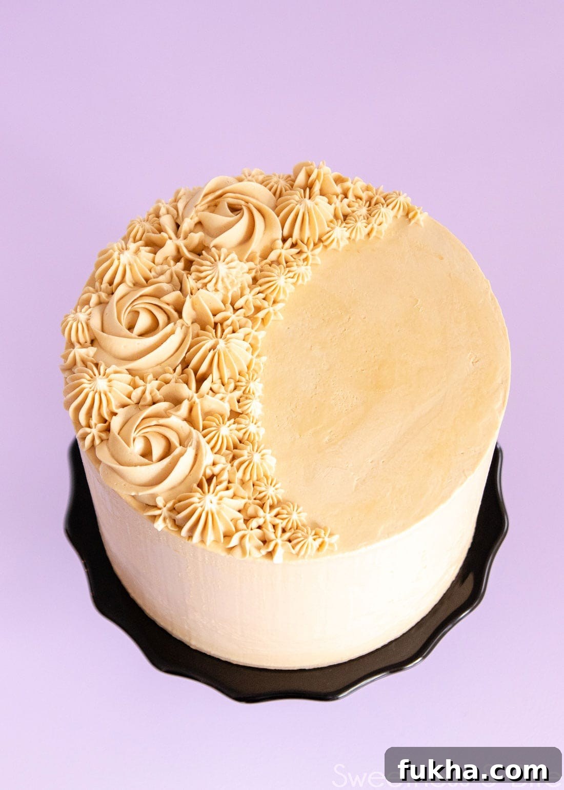Decadent Caramel Mud Cake Recipe with Gluten Free Option 8 Caramel mud cake piped with caramel Swiss meringue buttercream.