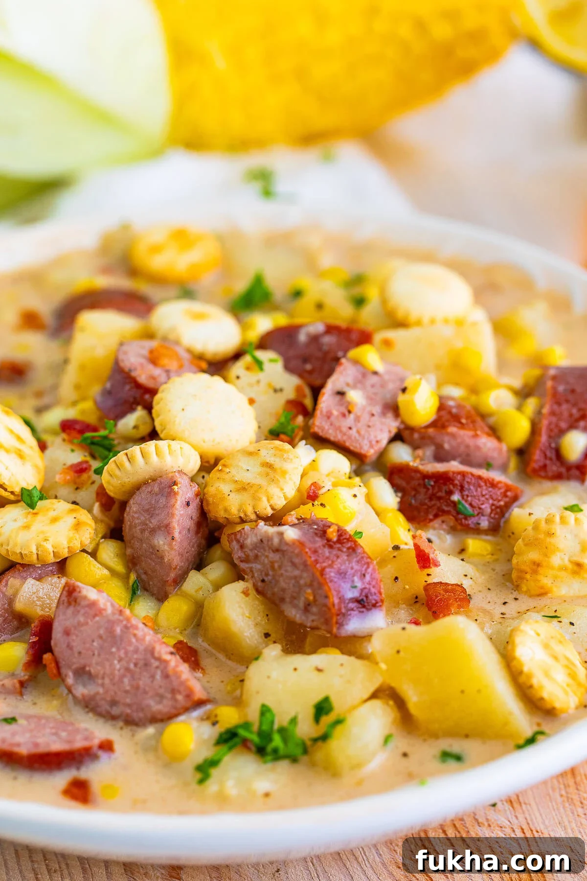 up close image of Corn Chowder recipe in a white bowl