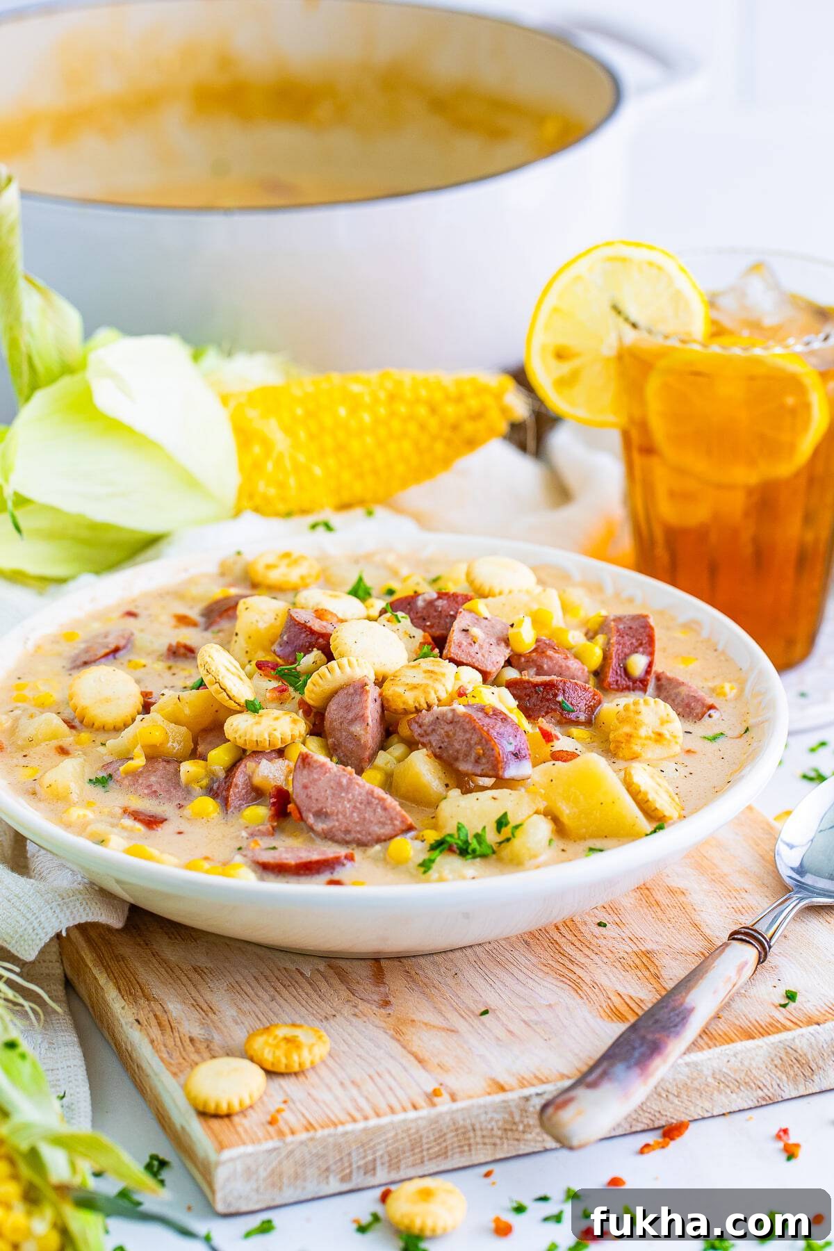 Corn Chowder recipe served in a white bowl with garnishes