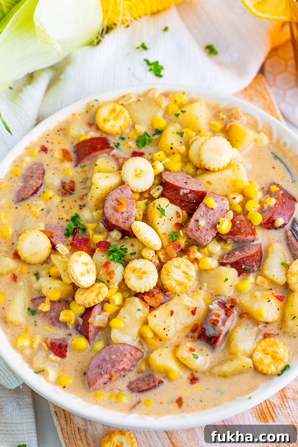 overhead image of Corn Chowder recipe in a white bowl