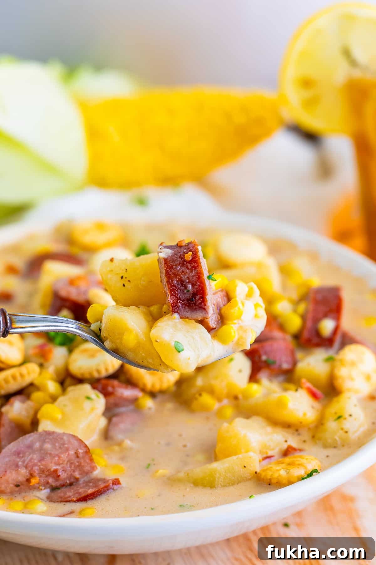 a spoon holding up a bite of Corn Chowder recipe in air