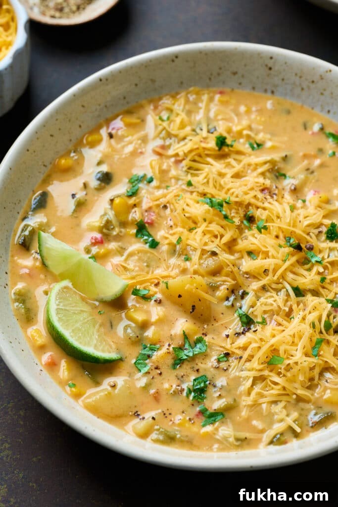A bowl of creamy corn chowder garnished with shredded cheese and lime wedges
