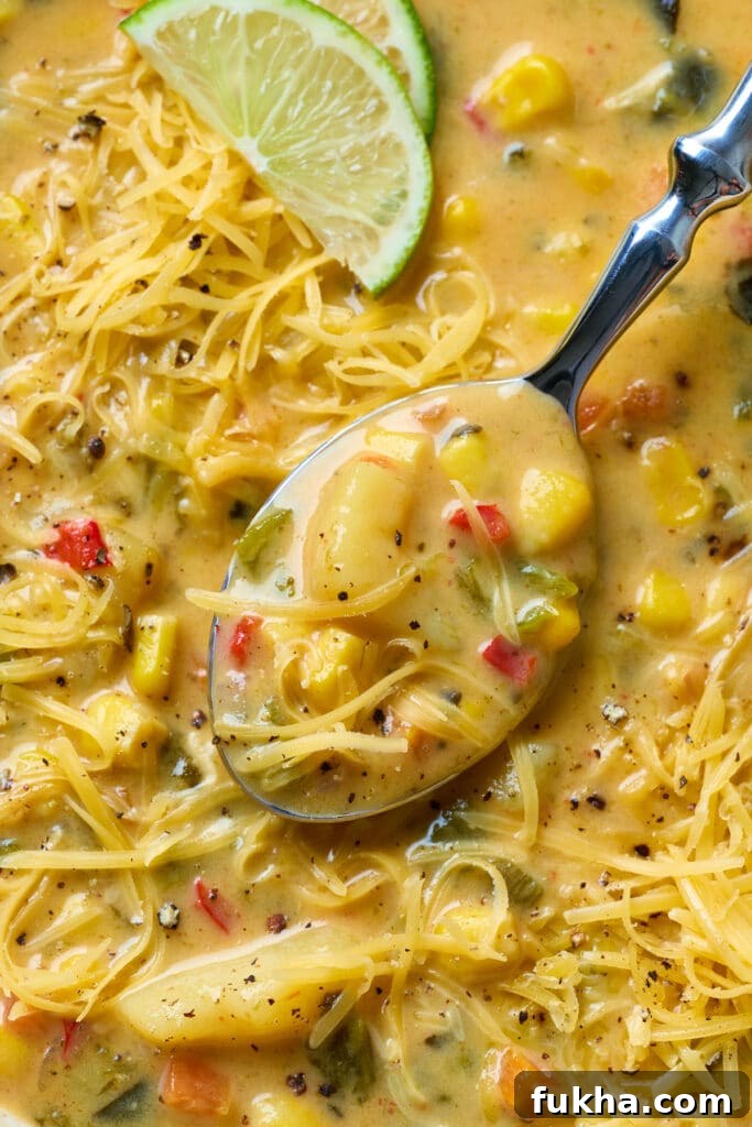 A soup spoon scooping poblano corn chowder and showing the creamy texture of the broth.