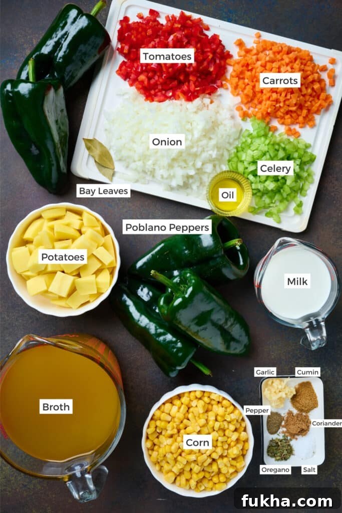 Ingredients needed to make roasted poblano corn chowder on a dark surface