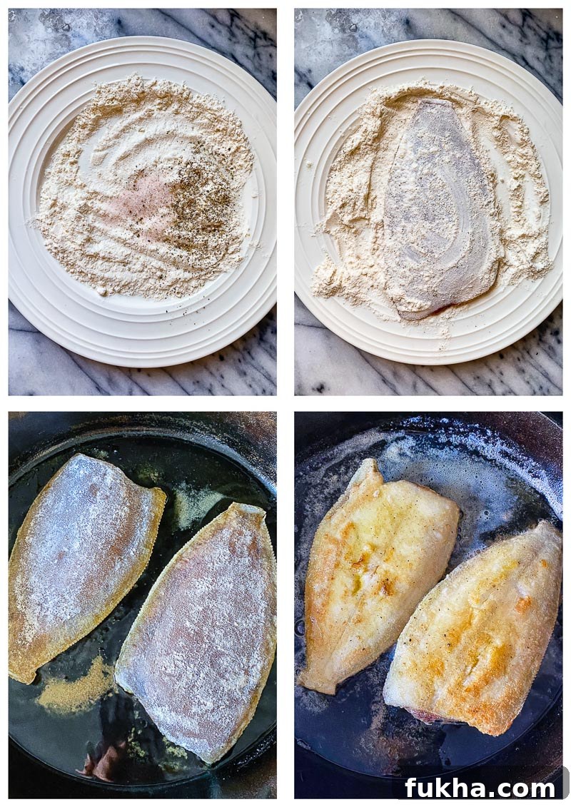 Four process images showing the coating and frying process for two fillets