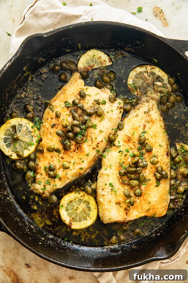 two sole fish topped with capers and lemon slices in cast iron pan