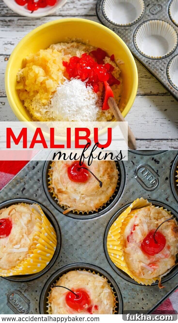 Malibu Muffins are full of pineapple, coconut, maraschino cherries, and a hint of rum flavor for a breakfast treat that packs the flavor of summer days sitting beach side.