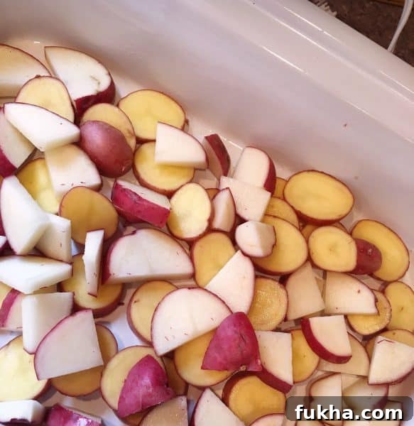Cubed red potatoes in bottom of slow cooker casserole dish