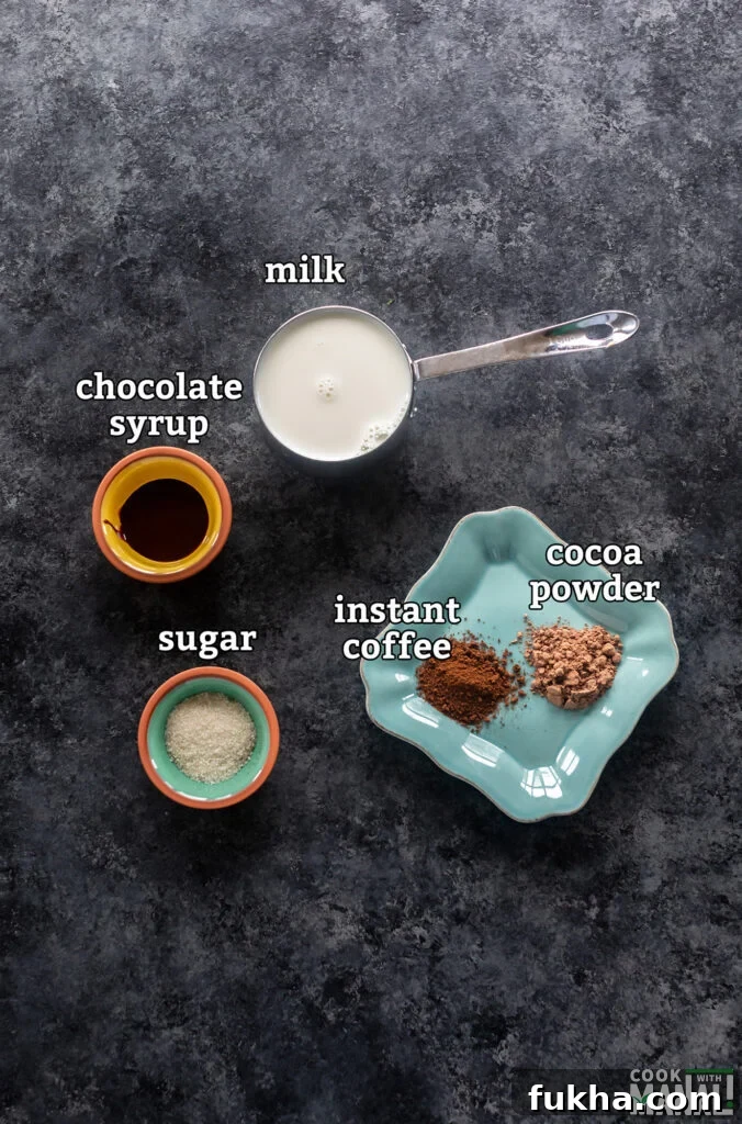 ingredients for iced mocha arranged on a board