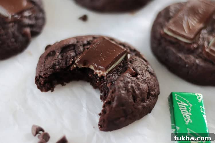 double chocolate andes mint cookie with bite taken out of it