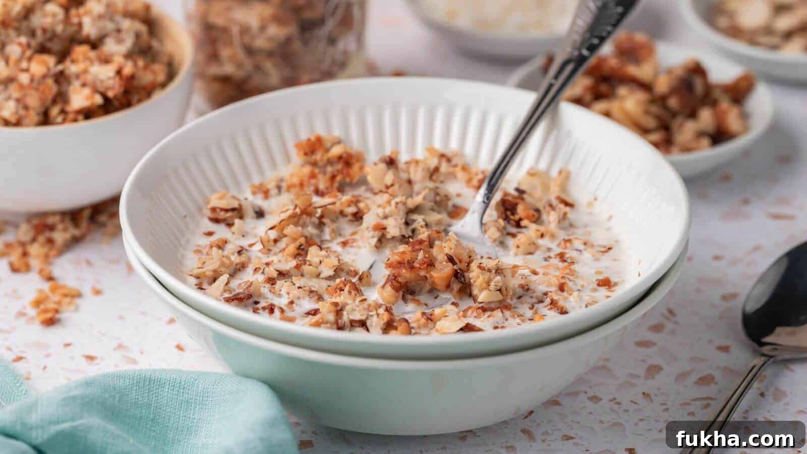 24 Low-Carb Breakfasts to Keep You Full Until Noon 2 A bowl of cereal with milk and a spoon, surrounded by jars of granola on a light-colored tabletop.