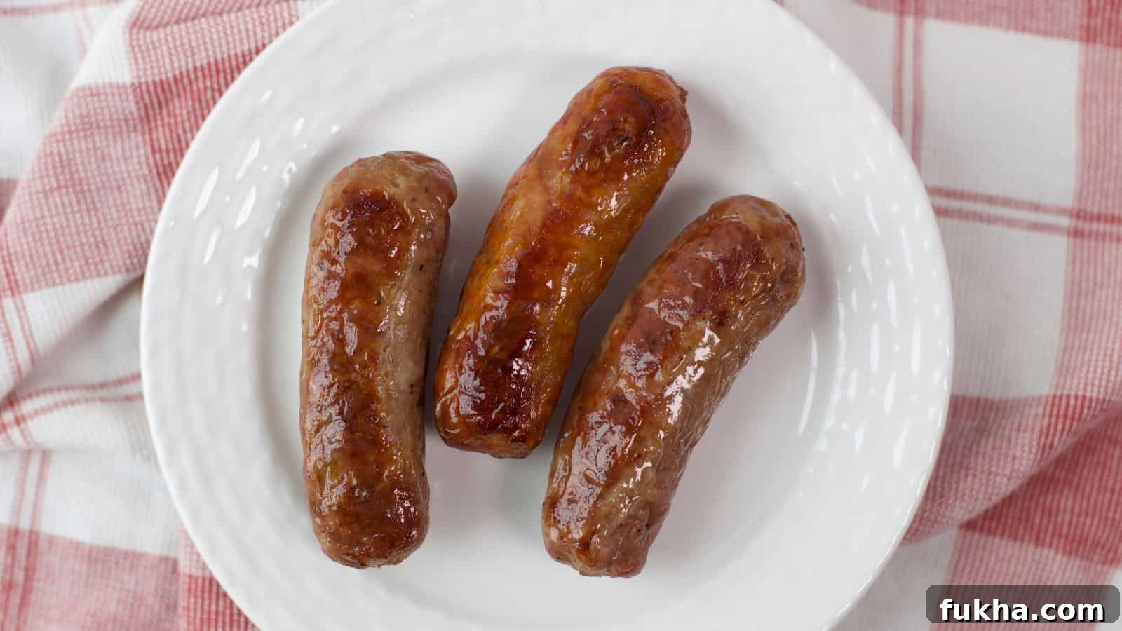24 Low-Carb Breakfasts to Keep You Full Until Noon 3 Three oven-baked sausages on a white plate with a red and white checkered napkin in the background.