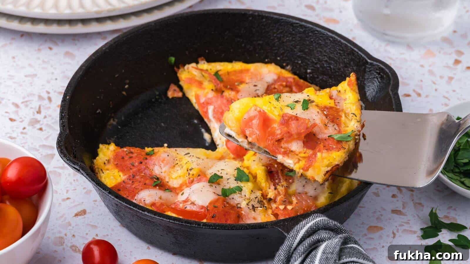 24 Low-Carb Breakfasts to Keep You Full Until Noon 4 A slice of egg pizza is being lifted from a cast iron skillet, topped with pepperoni, cheese, and herbs. Nearby are cherry tomatoes and parsley.