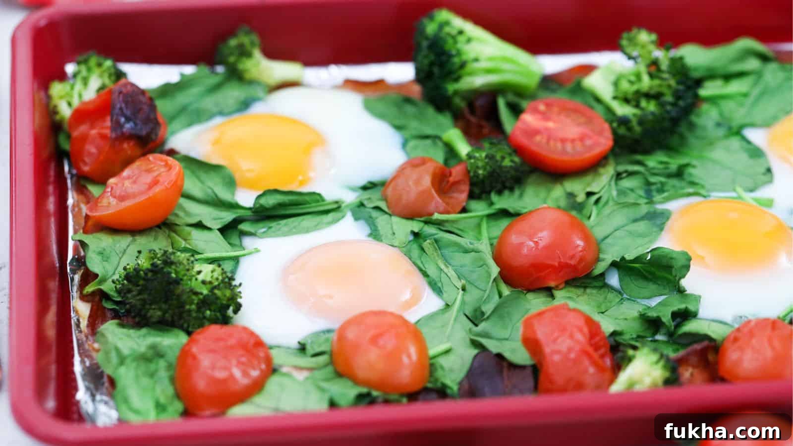 24 Low-Carb Breakfasts to Keep You Full Until Noon 6 Sheet pan with cooked eggs, spinach, tomatoes, broccoli, and bacon.