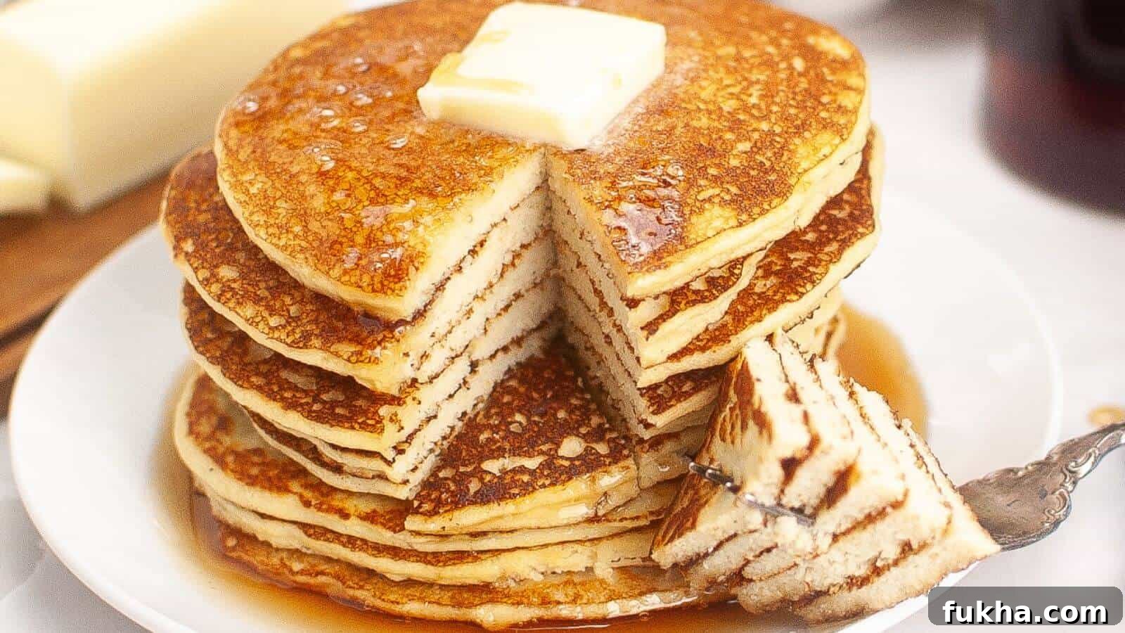 24 Low-Carb Breakfasts to Keep You Full Until Noon 8 A stack of pancakes with a pat of butter on top, drizzled with syrup. A wedge has been cut out and is resting on a fork beside the stack.