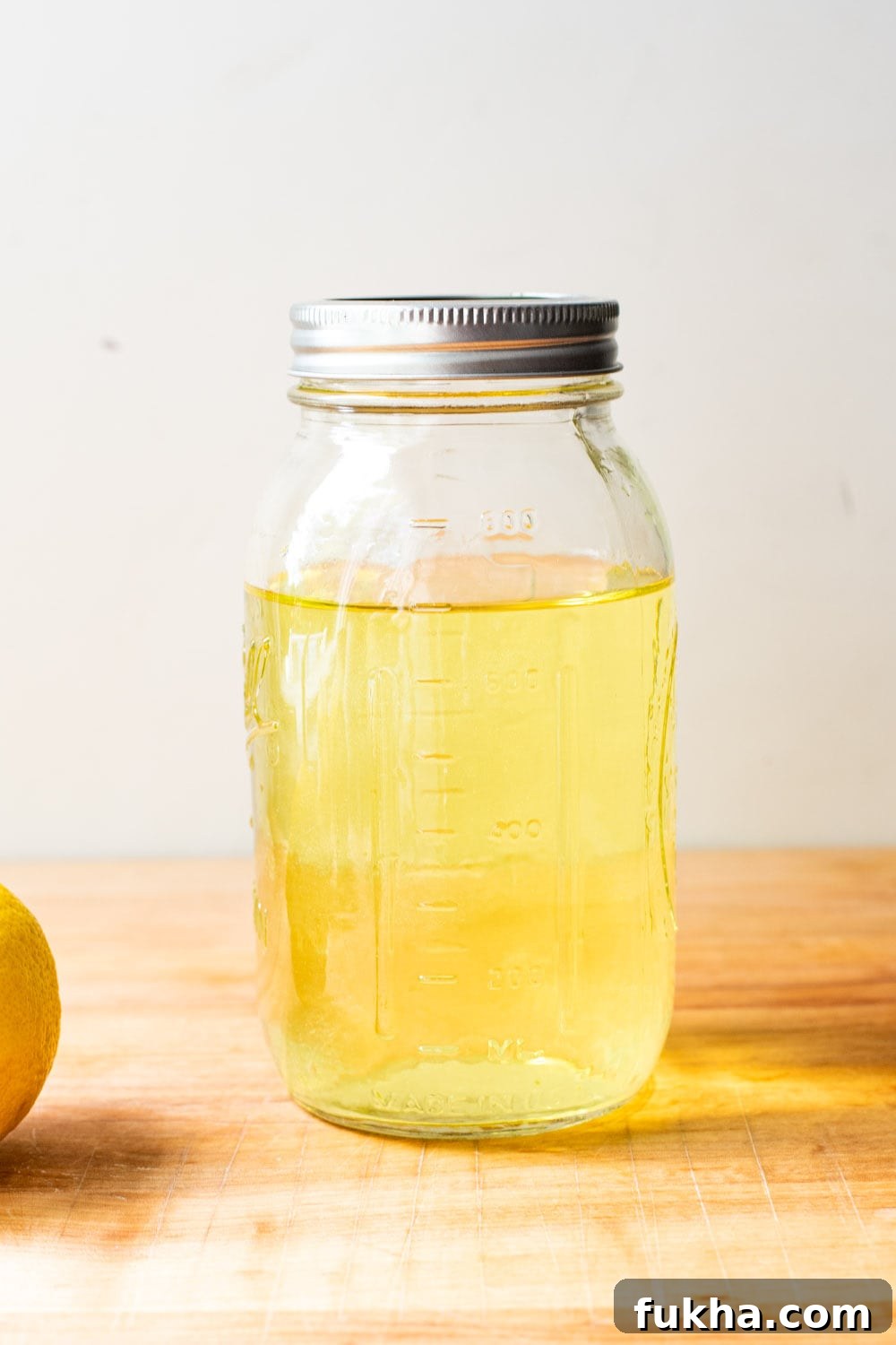 A mason jar holding limoncello before adding simple sugar.