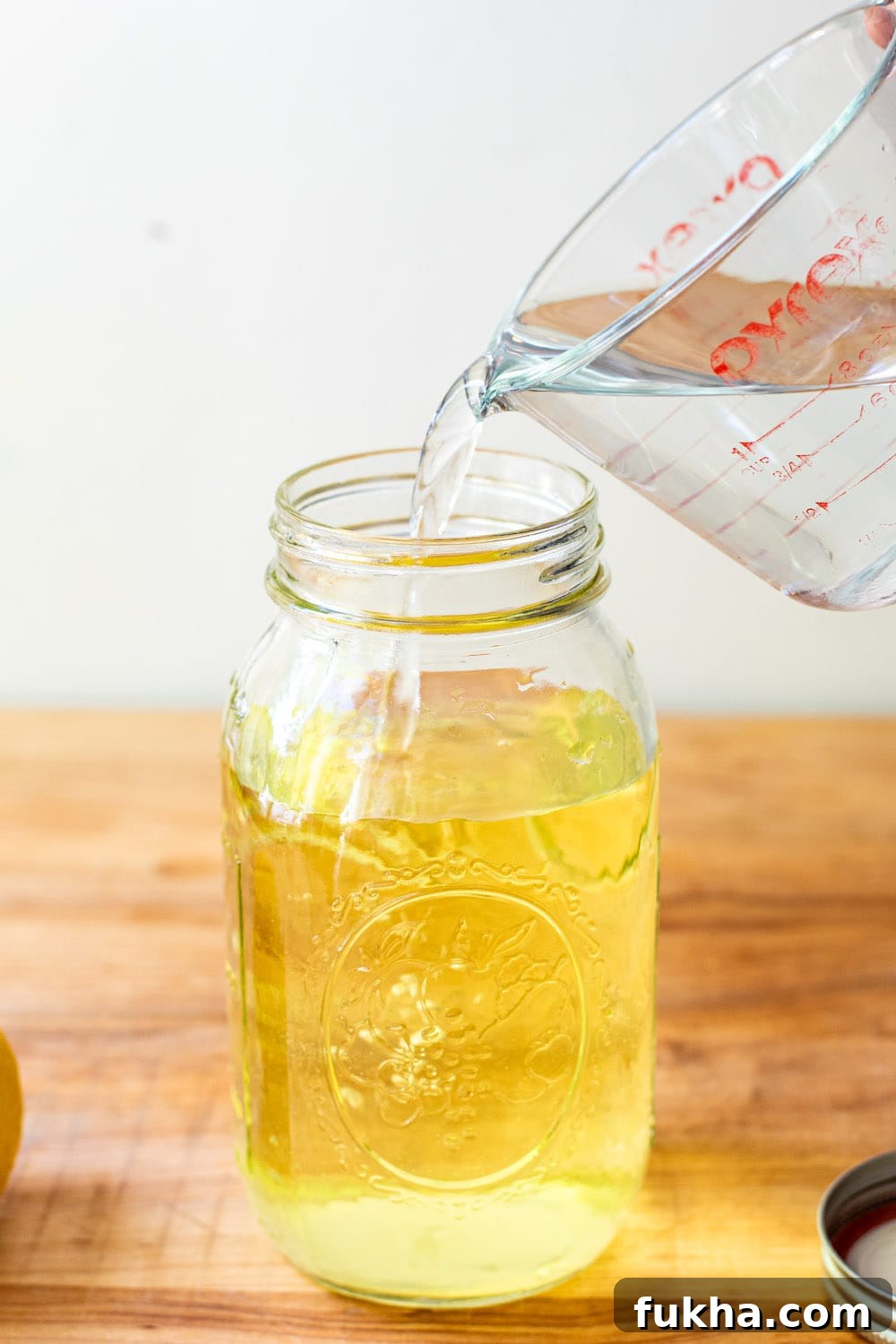 Pouring simple syrup into limoncello steeped in Everclear.
