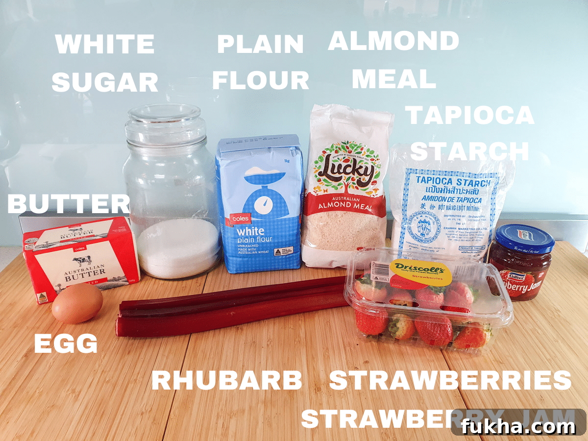 Strawberry rhubarb tartlets ingredients, salted butter, egg, white sugar, plain flour, almond meal, tapioca starch, rhubarb, strawberries, strawberry jam.