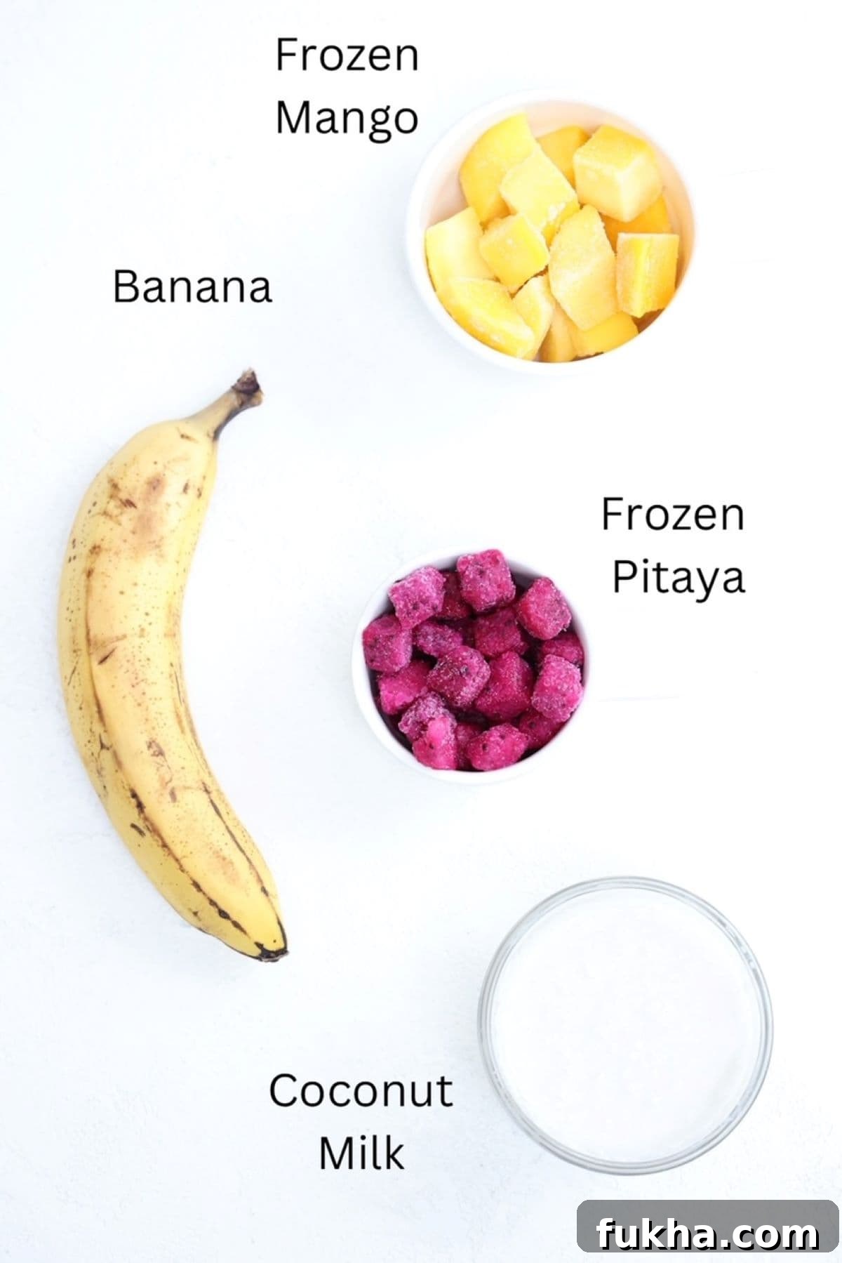 Vibrant Dragon Fruit Smoothie Recipe 3 Pitaya smoothie ingredients, labeled.