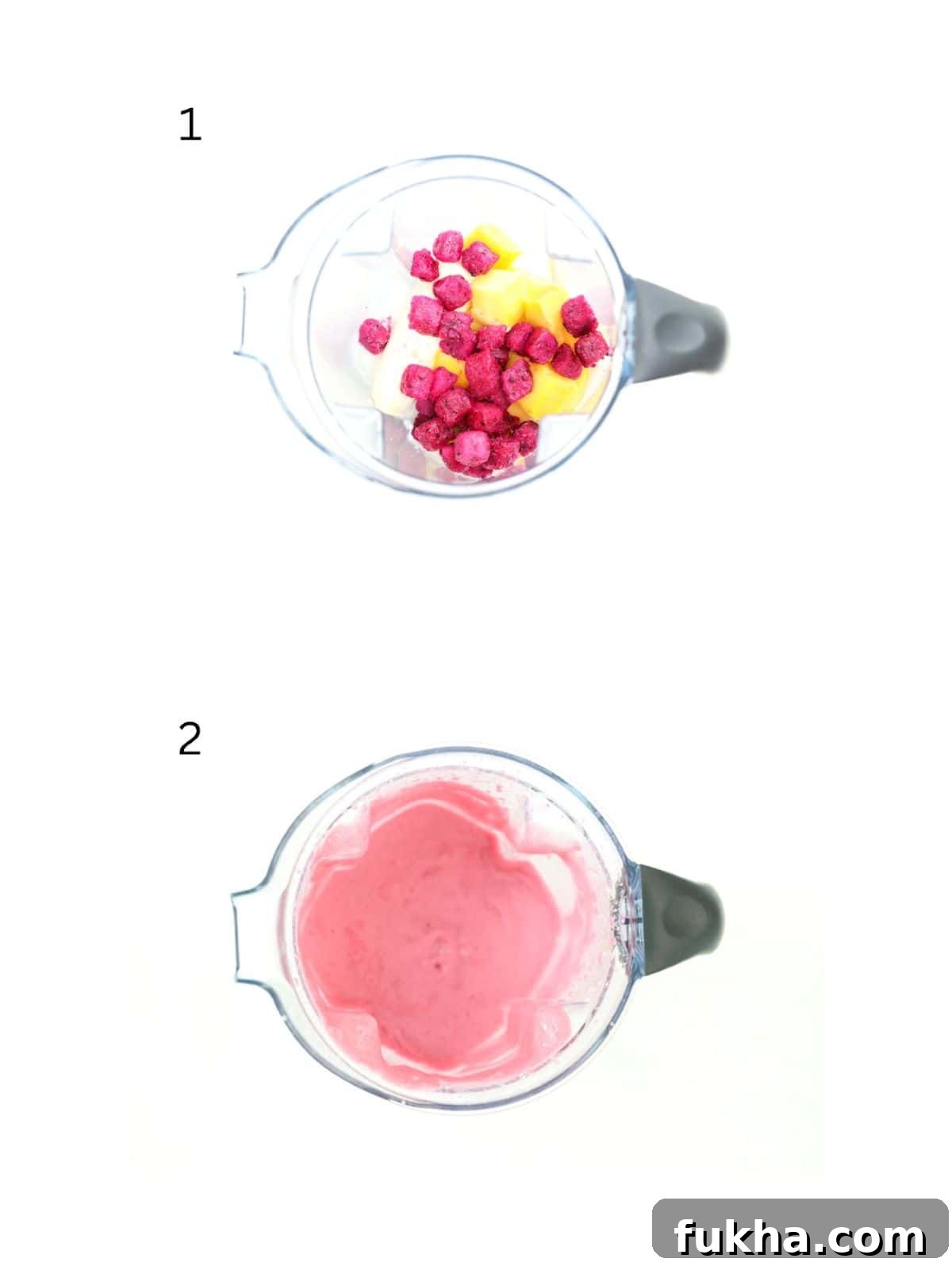 Vibrant Dragon Fruit Smoothie Recipe 4 Top view of two blenders showing how to make a pitaya smoothie.