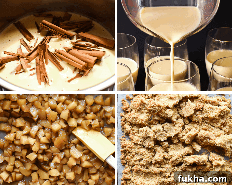 Photo collage of preparation of cinnamon panna cotta with apple crumble topping