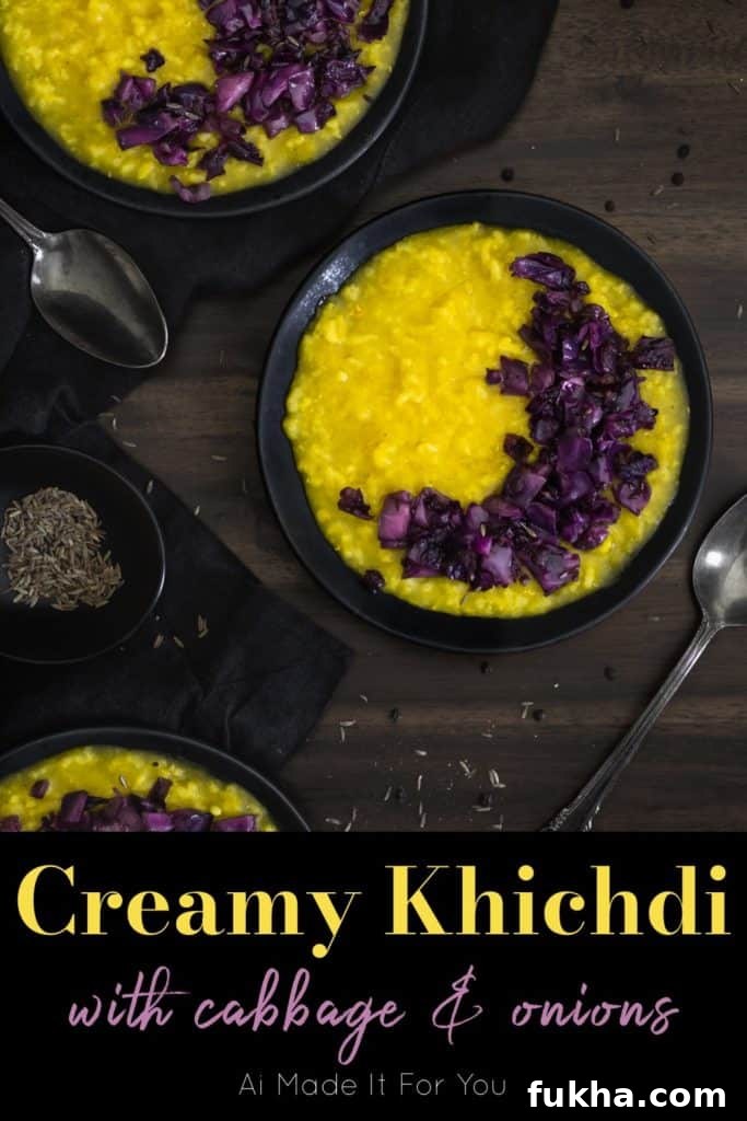 Khichdi is a comforting Indian porridge made with rice and lentils. My untraditional version is topped with sautéed cabbage and onions!