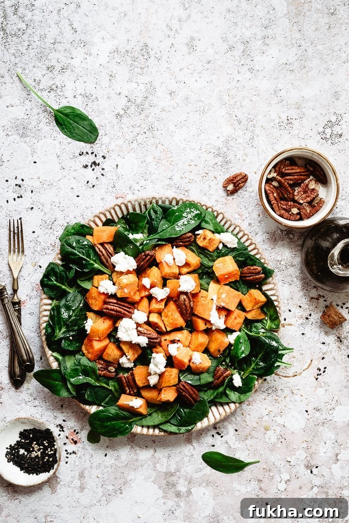 Salad with roasted sweet potato and pecans