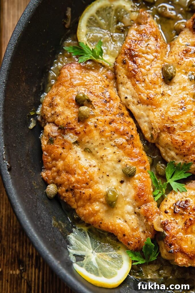 Classic Lemon Chicken Piccata with Capers 3 Close up shot of chicken piccata in a pan with lemon and capers