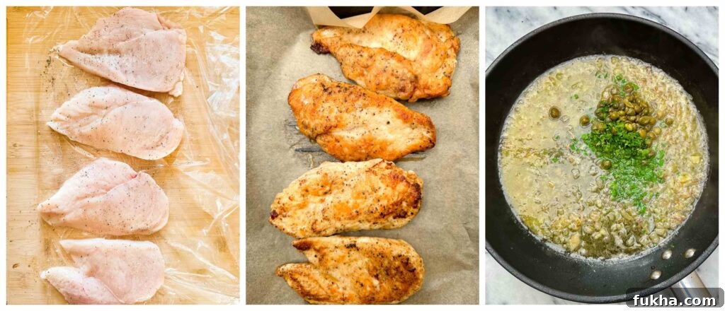 Classic Lemon Chicken Piccata with Capers 4 Process shots of chicken breasts being seared and cooked in piccata sauce