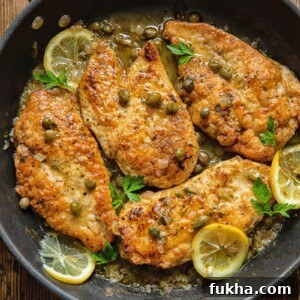Classic Lemon Chicken Piccata with Capers 5 Top down view of chicken breasts in a pan, coated in piccata sauce with lemon slices and capers