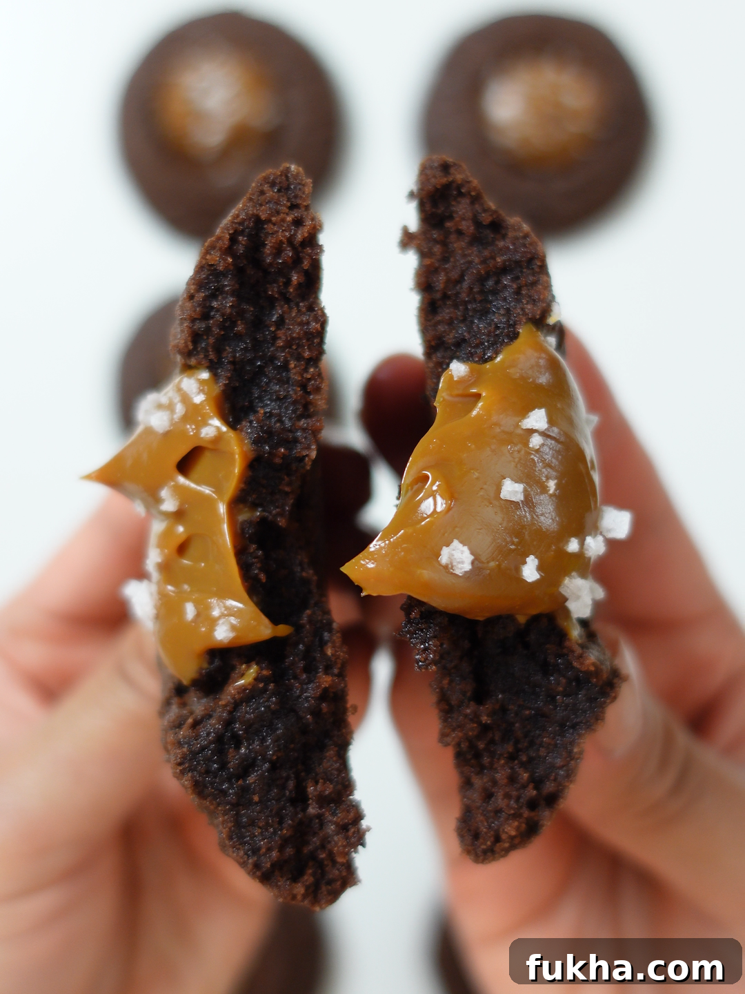 Salted Chocolate Dulce de Leche Cookies for Cookiemas Day 8 3 Close-up of a chocolate cookie topped with dulce de leche