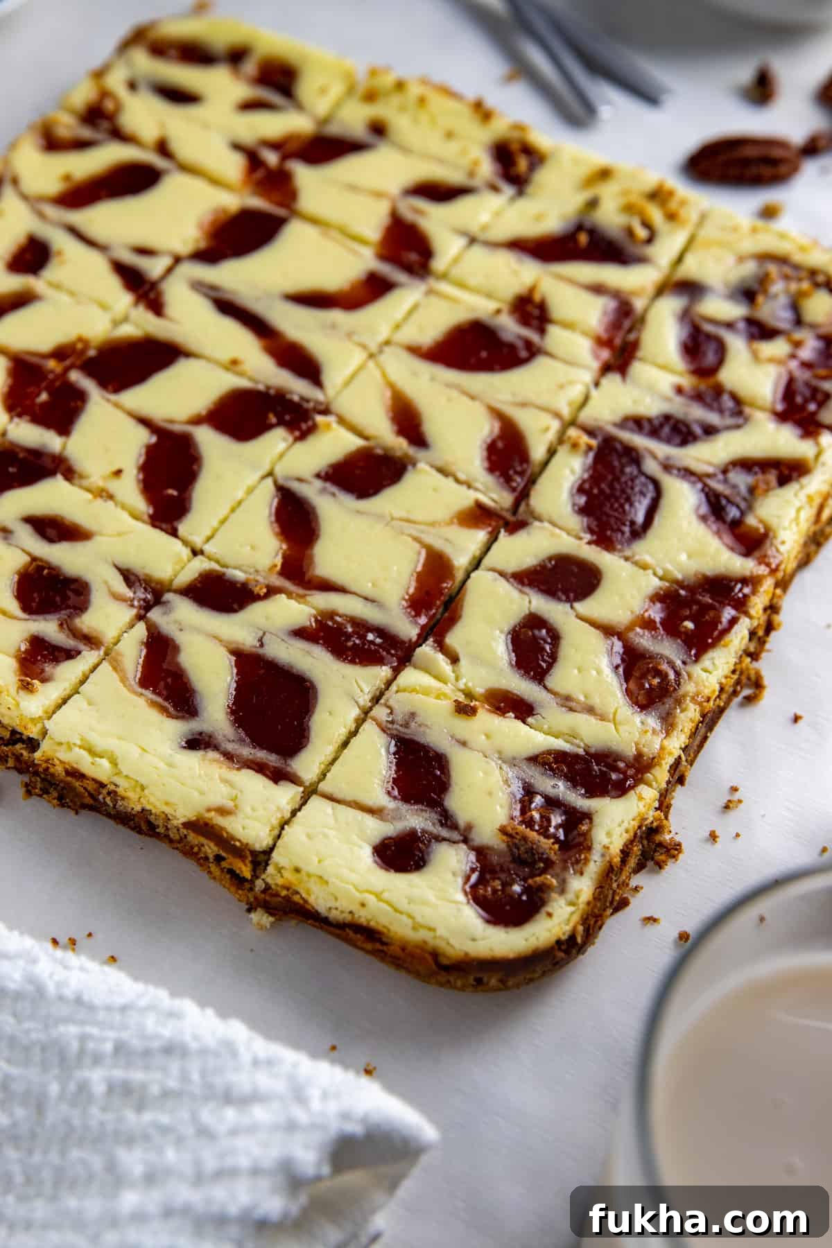 Keto cheesecake bars in square pan.