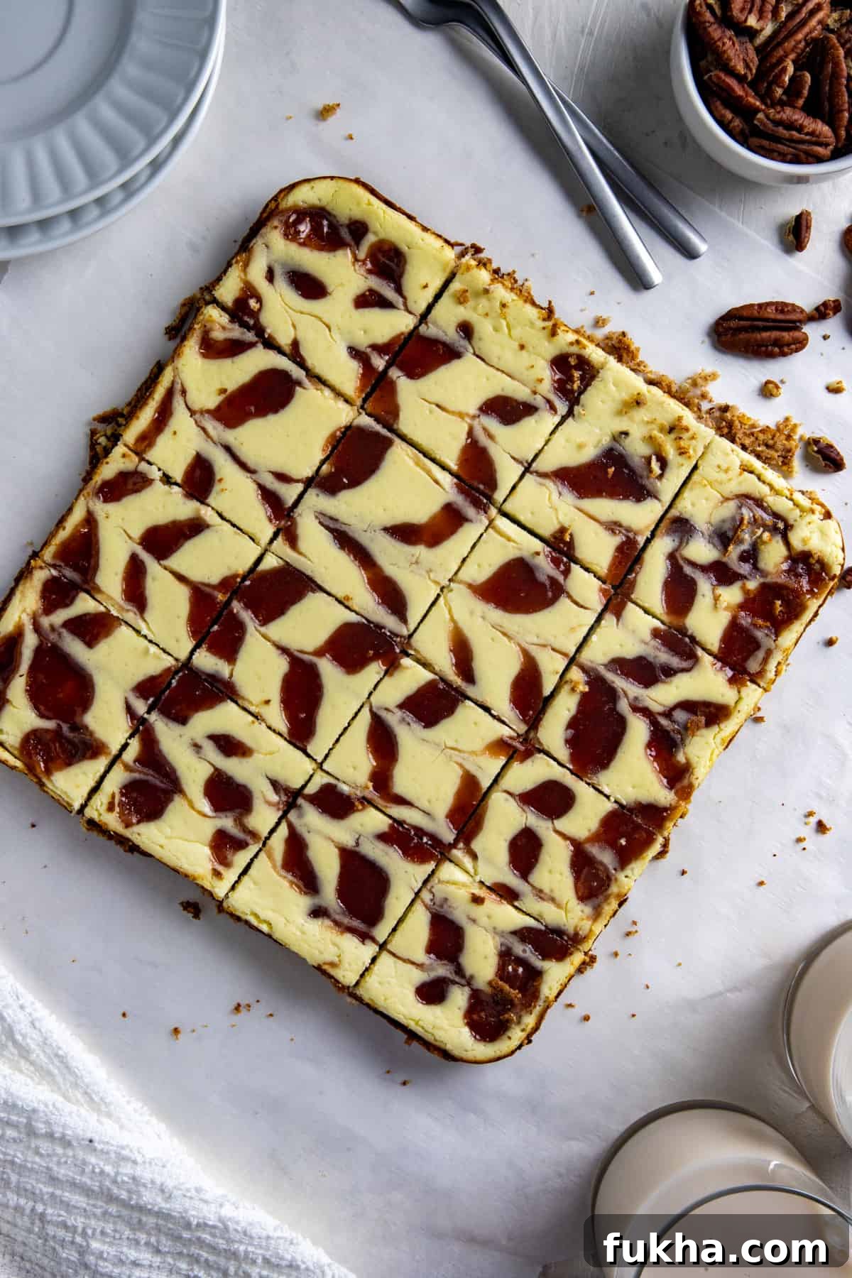 Baked and sliced keto cheesecake bars with sugar-free strawberry jam swirl.