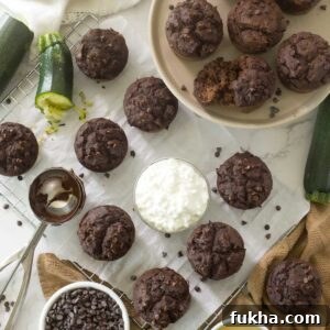 Fudgy Gluten Free Double Chocolate Zucchini Banana Muffins 12 Looking down on gluten-free double chocolate zucchini banana muffins on a cooling rack.