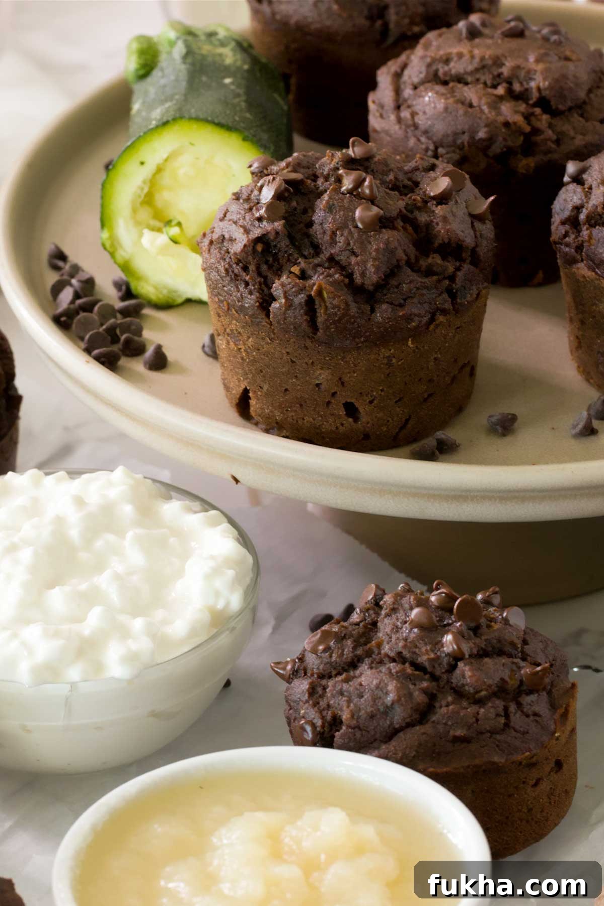 Fudgy Gluten Free Double Chocolate Zucchini Banana Muffins 3 A close-up of a gluten-free double chocolate zucchini banana muffin on a cake plate next to cottage cheese.