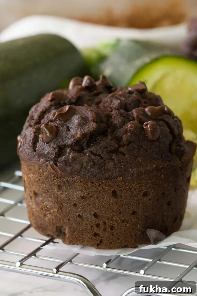 Fudgy Gluten Free Double Chocolate Zucchini Banana Muffins 4 Close-up of a gluten-free double chocolate chip zucchini banana muffin with cottage cheese on a cooling rack.