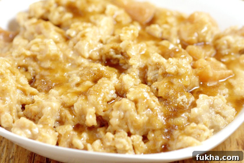 Overnight Crockpot Apple Oatmeal recipe with tangy apples, nutty oats, and sweet butter and powdered sugar glaze is a perfect overnight make ahead breakfast recipe for Fall and the holidays.