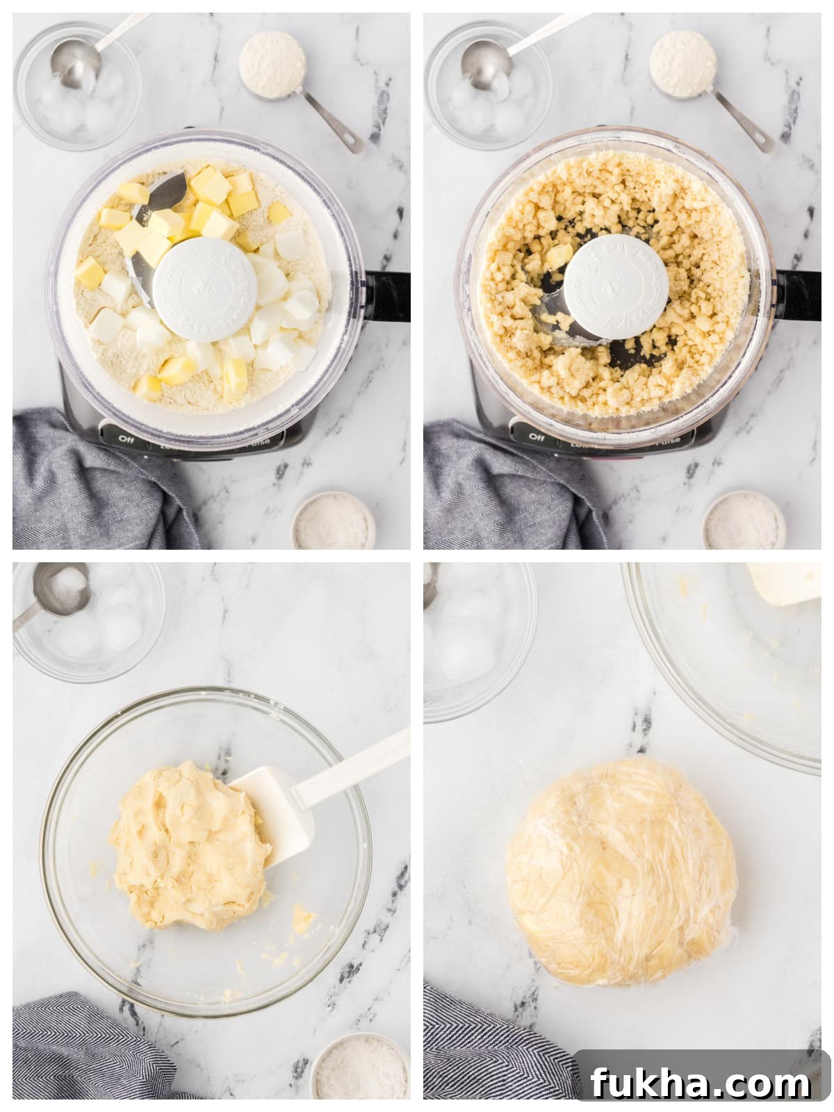 A step by step images showing how to make the pie dough.