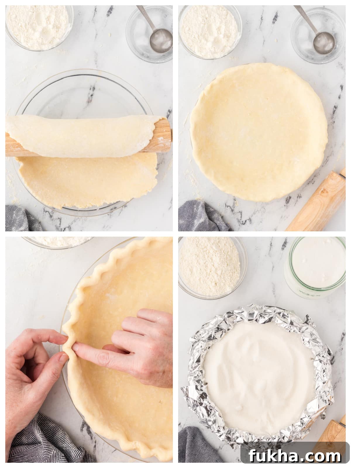 A step by step image showing how to roll and shape a pie crust for blind baking.
