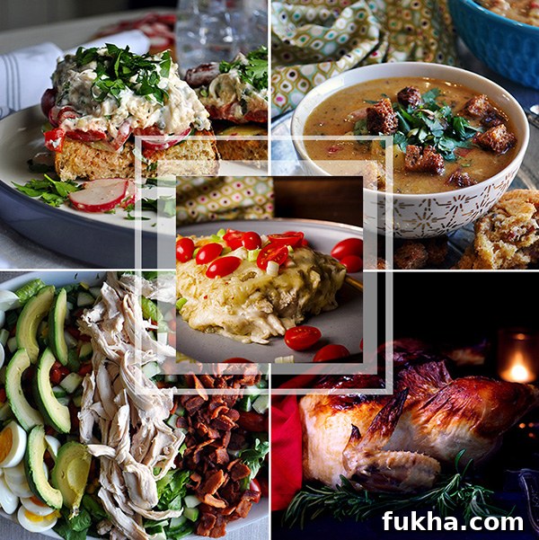 This weekly meal plan includes chicken sandwiches potato corn chowder, chicken enchiladas verdes, chicken chopped salad, and roast chicken.