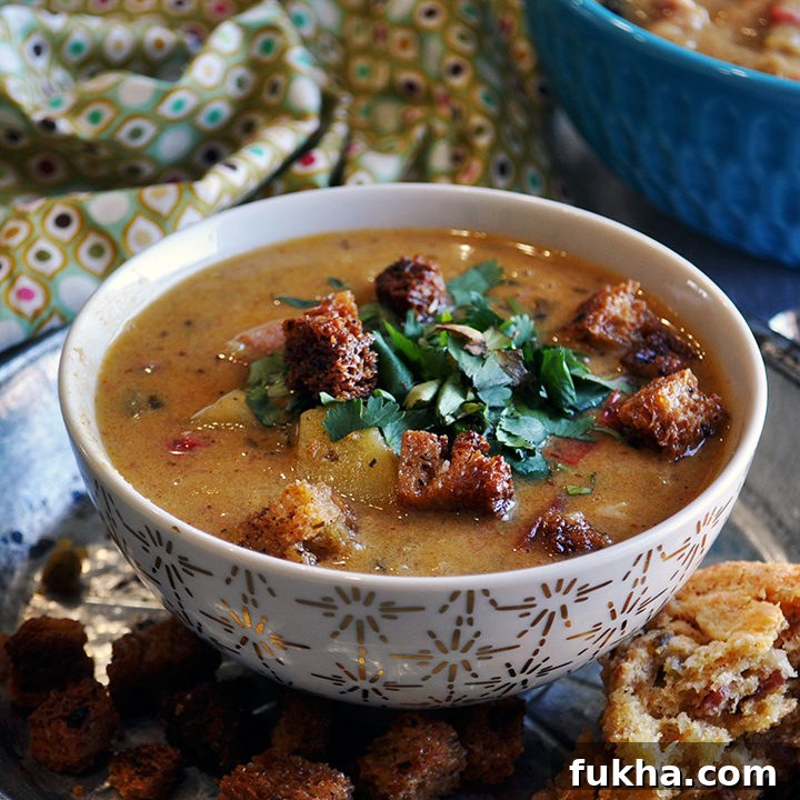 A bowl of Potato Corn Chowder with Bacon and Roasted Poblano Peppers