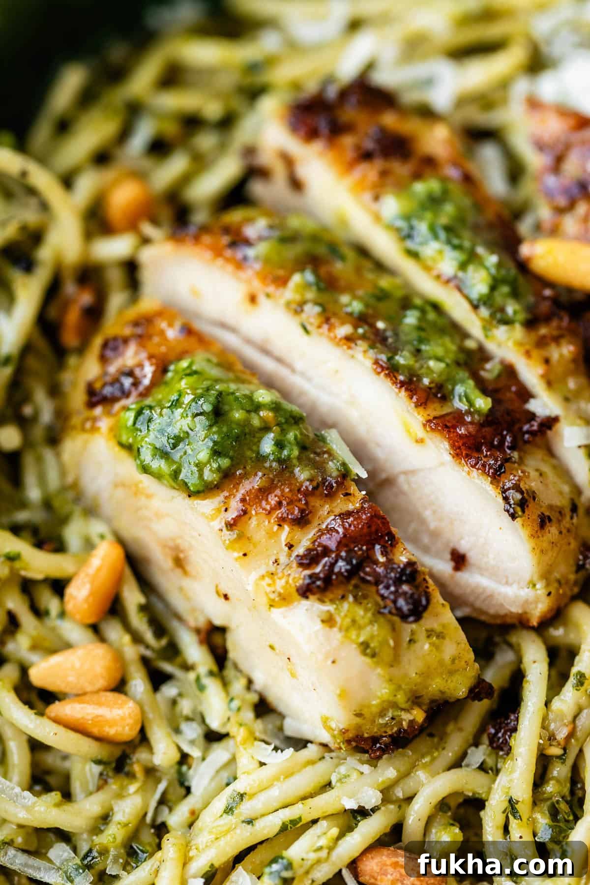 Close-up of sliced grilled chicken breast topped with green pesto sauce, served over spaghetti coated in pesto, and garnished with pine nuts.