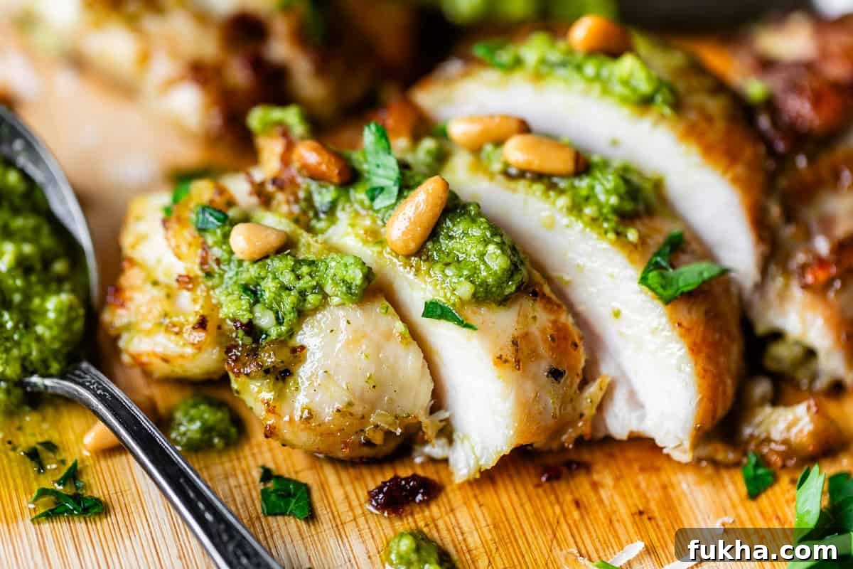 Close-up of sliced grilled chicken breast topped with green pesto sauce, pine nuts, and chopped herbs on a wooden cutting board, with a spoon of pesto beside it.