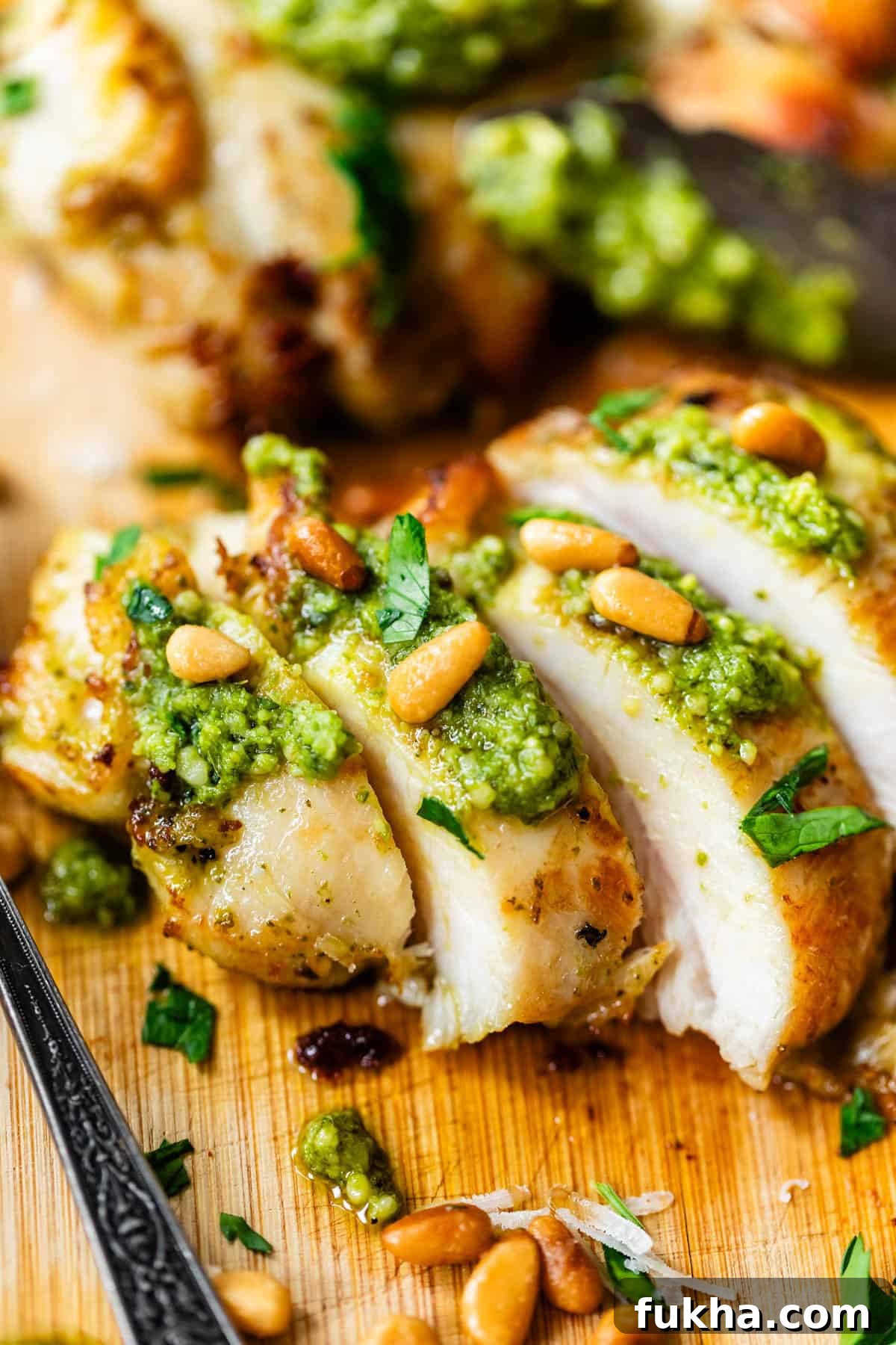 Sliced grilled chicken breast topped with green pesto, pine nuts, and chopped parsley, served on a wooden board.