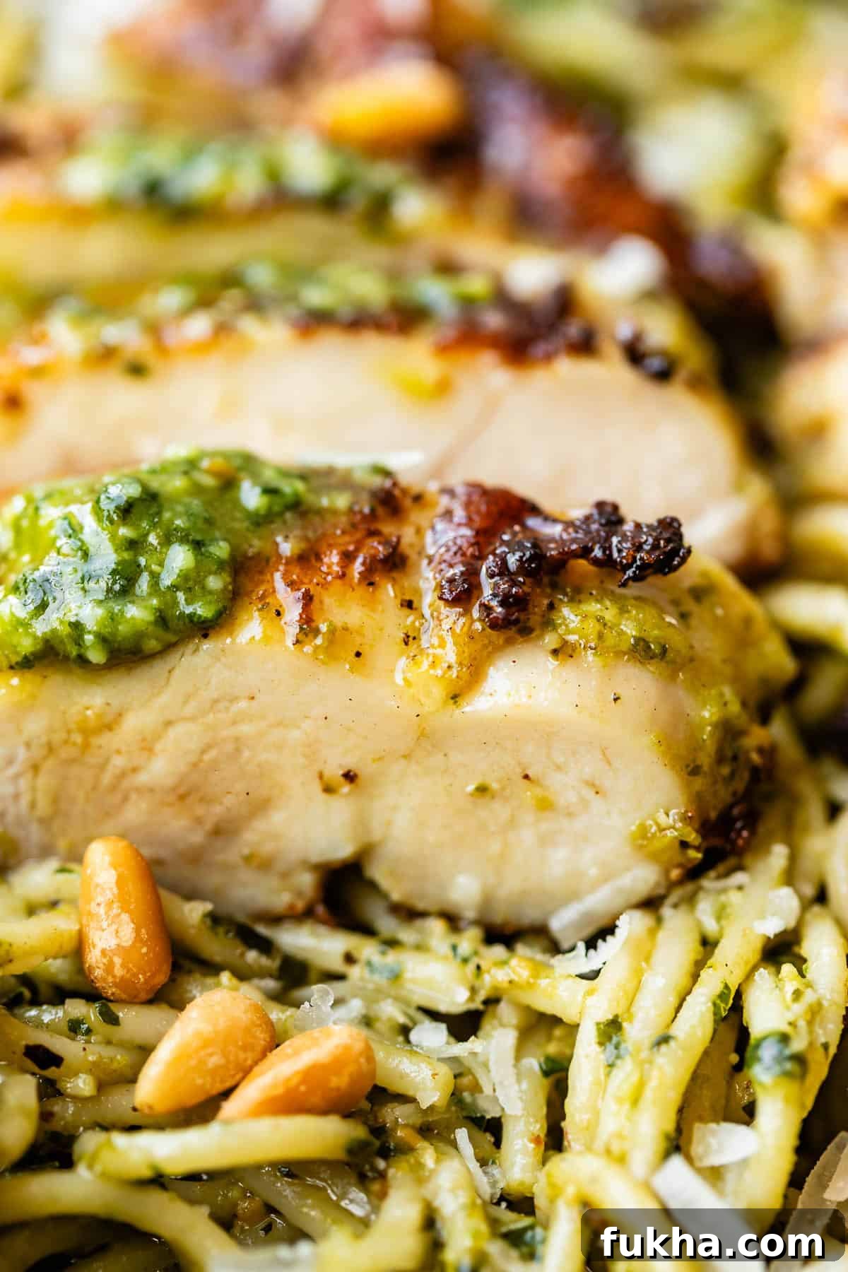 Close-up of sliced, golden-brown chicken breast topped with pesto, resting on a bed of pesto-coated spaghetti with pine nuts and grated cheese.