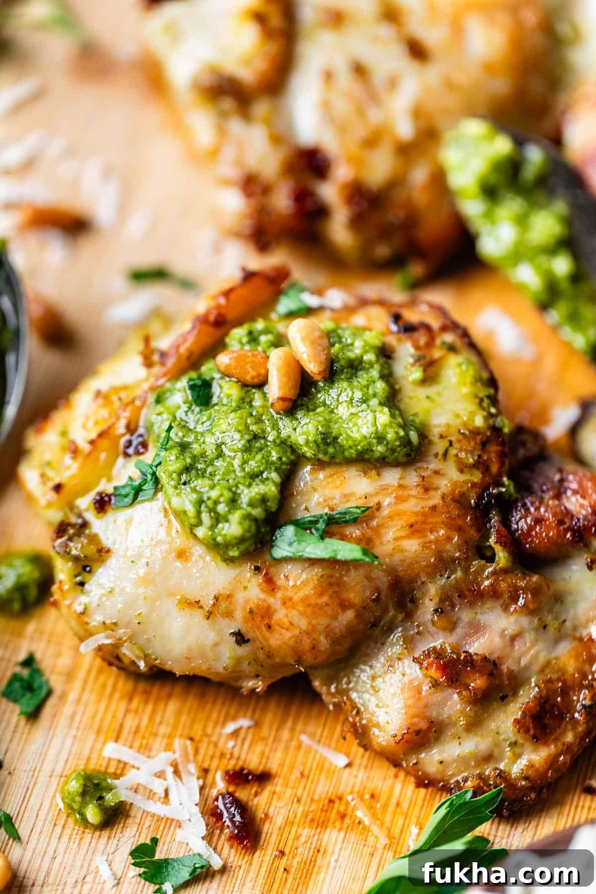 Close-up of a grilled chicken thigh topped with green pesto, pine nuts, and chopped parsley, served on a wooden board with grated cheese and herb garnishes.