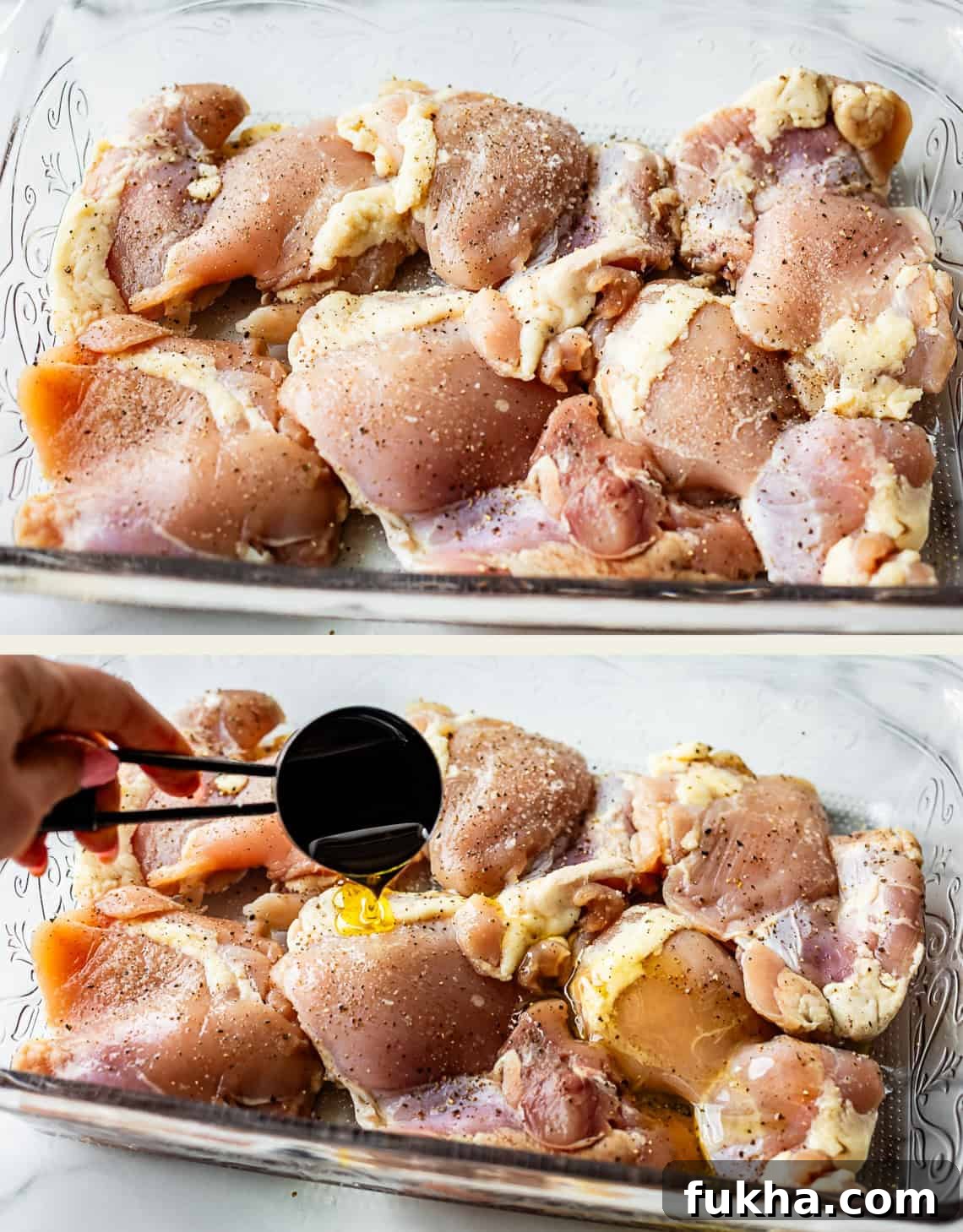 Raw chicken pieces are arranged in a glass baking dish. In the second image, a hand pours olive oil from a measuring cup over the seasoned chicken thighs.